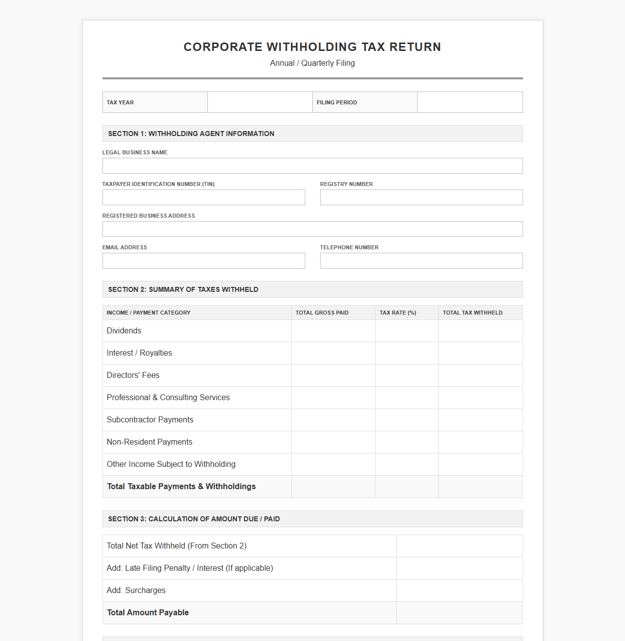 Business Withholding Tax Return Filing Template