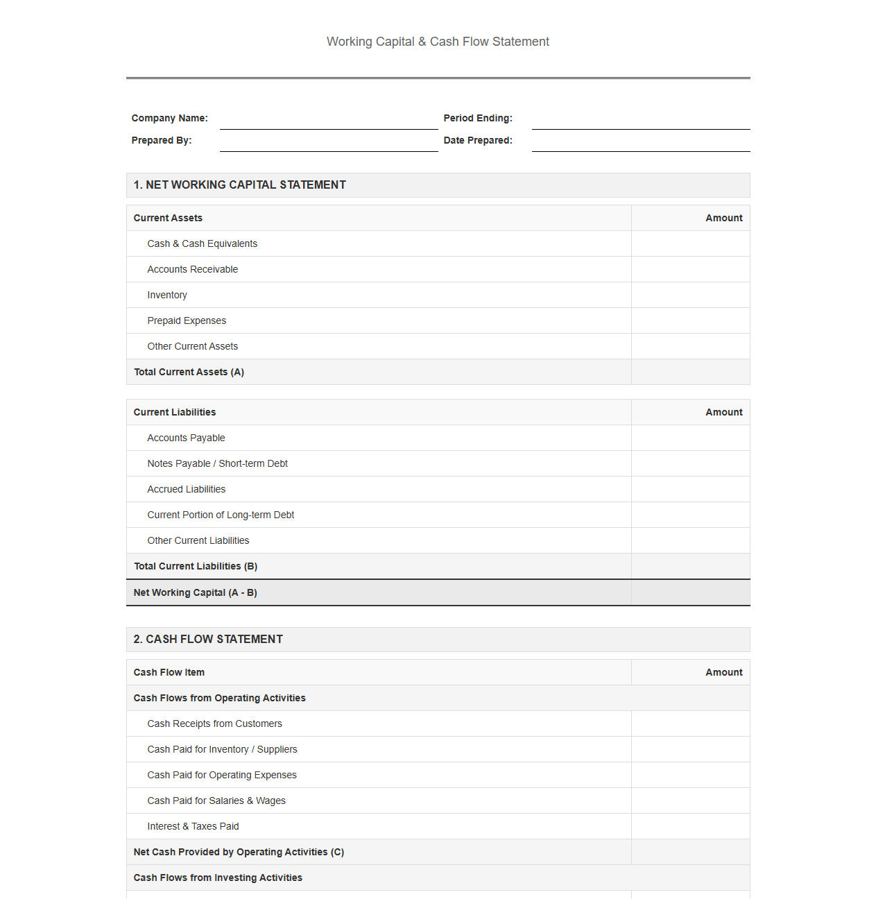 Business Working Capital and Cash Flow Template