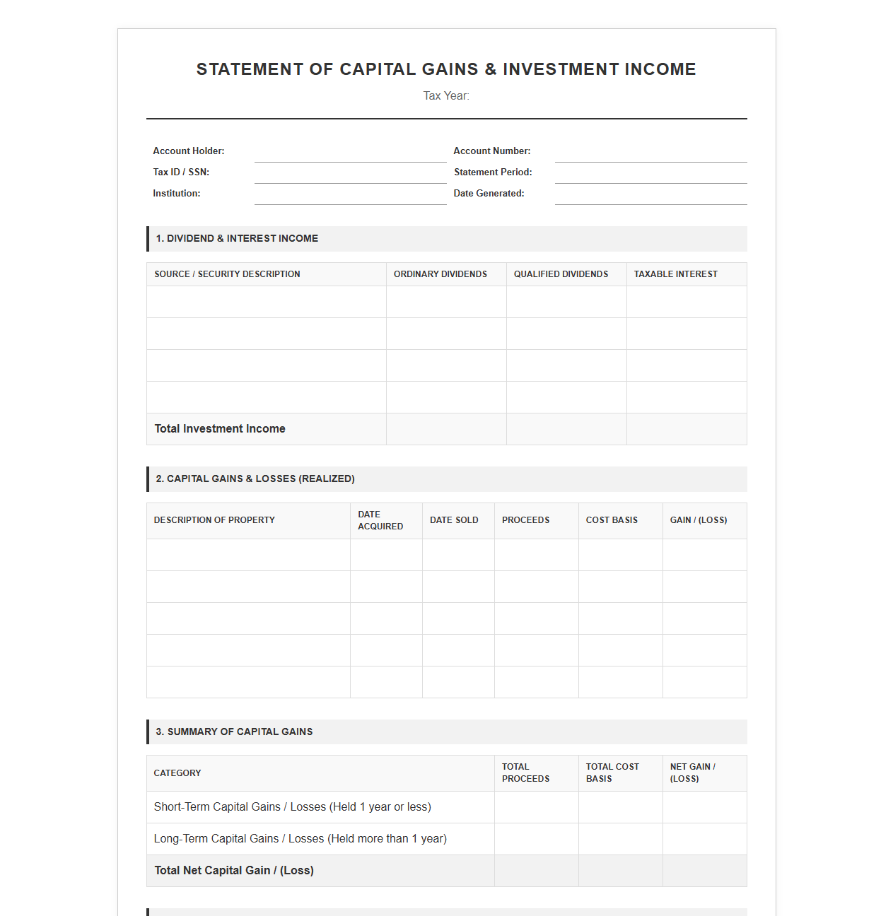 Capital Gains and Investment Income Template