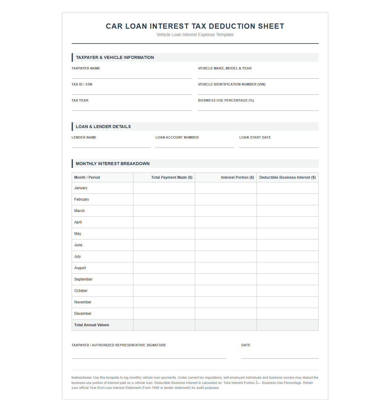 Car Loan Interest Tax Deduction Sheet