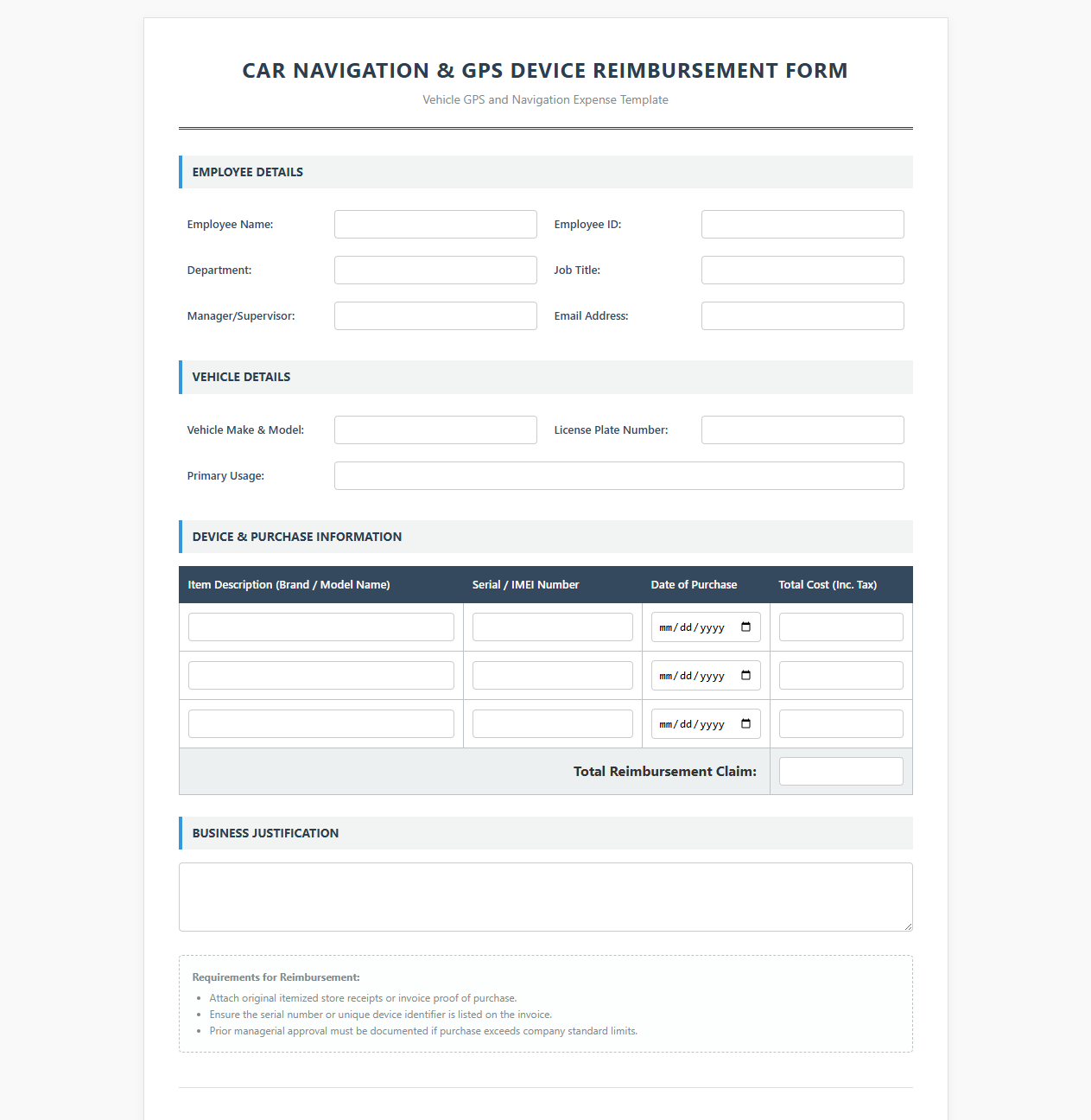 Car Navigation and GPS Device Purchase Reimbursement Form