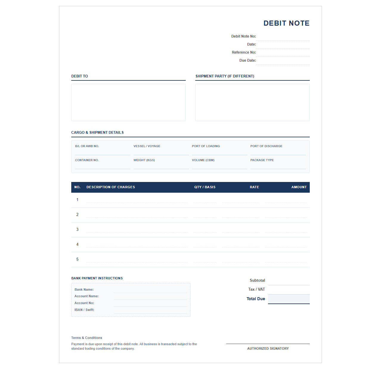Cargo Freight Debit Note Invoice Template