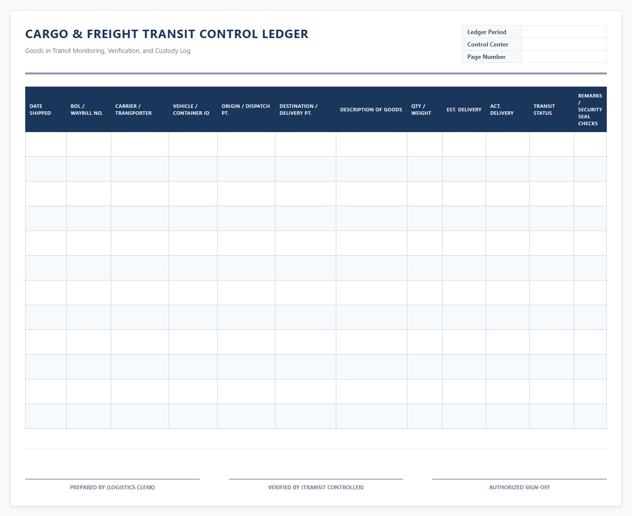 Cargo and Freight Transit Control Ledger