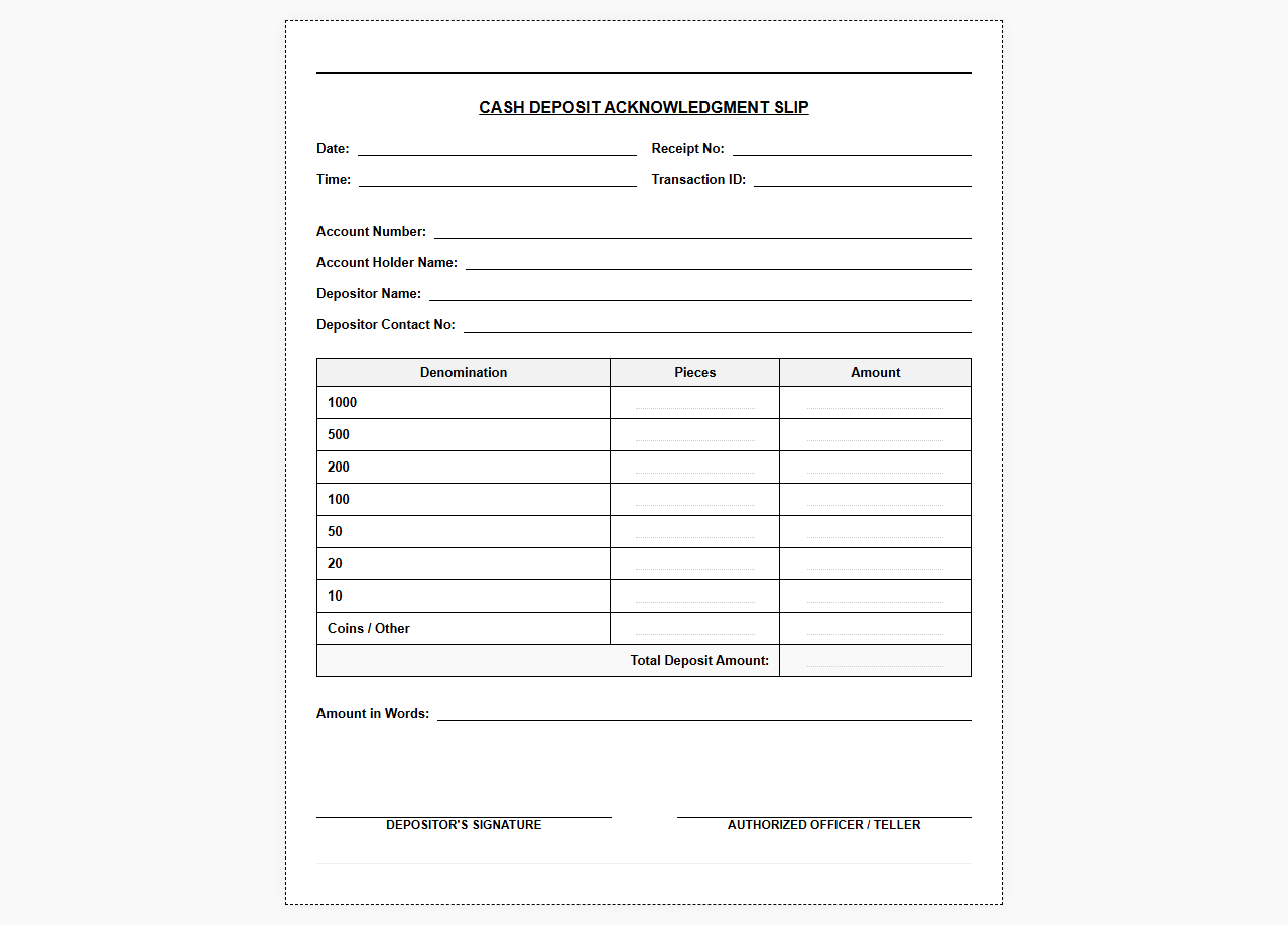 Cash Deposit Acknowledgment Slip