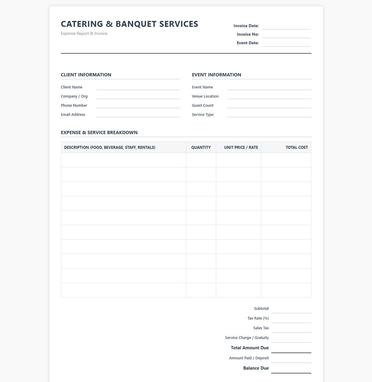 Catering Expense Report and Invoice Template
