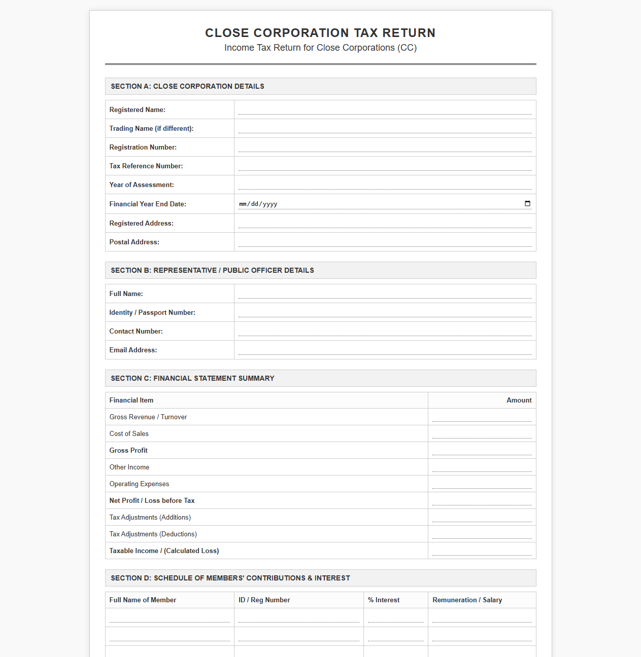 CC Tax Return Form Template