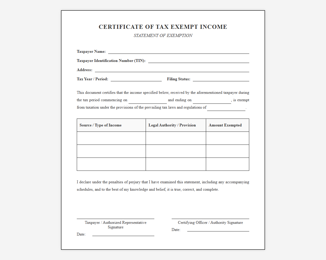 Certificate of Tax Exempt Income