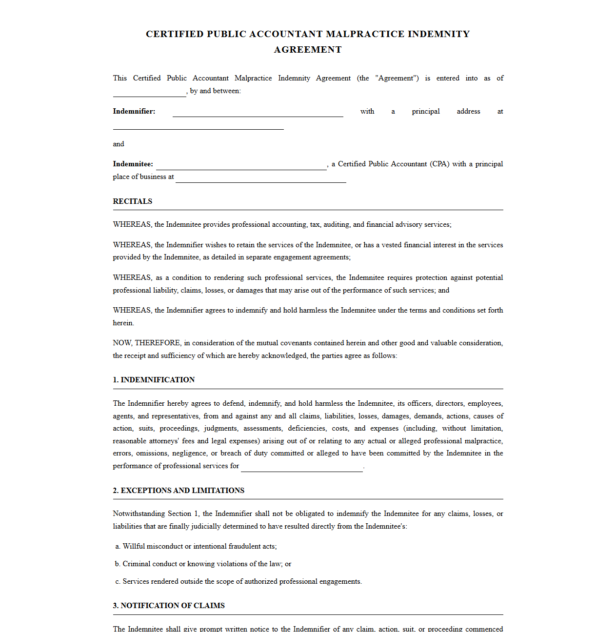 Certified Public Accountant Malpractice Indemnity Agreement