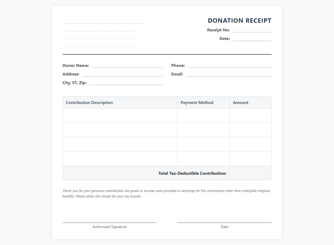 Charitable Tithes and Offerings Receipt Template