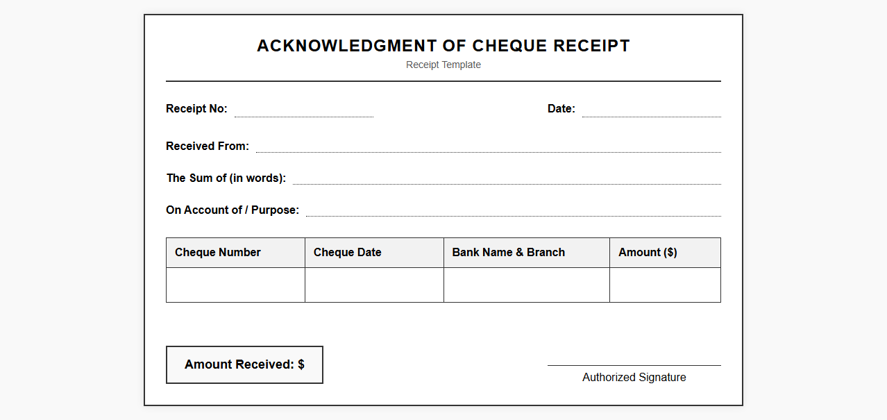 Cheque Received Acknowledgment Template
