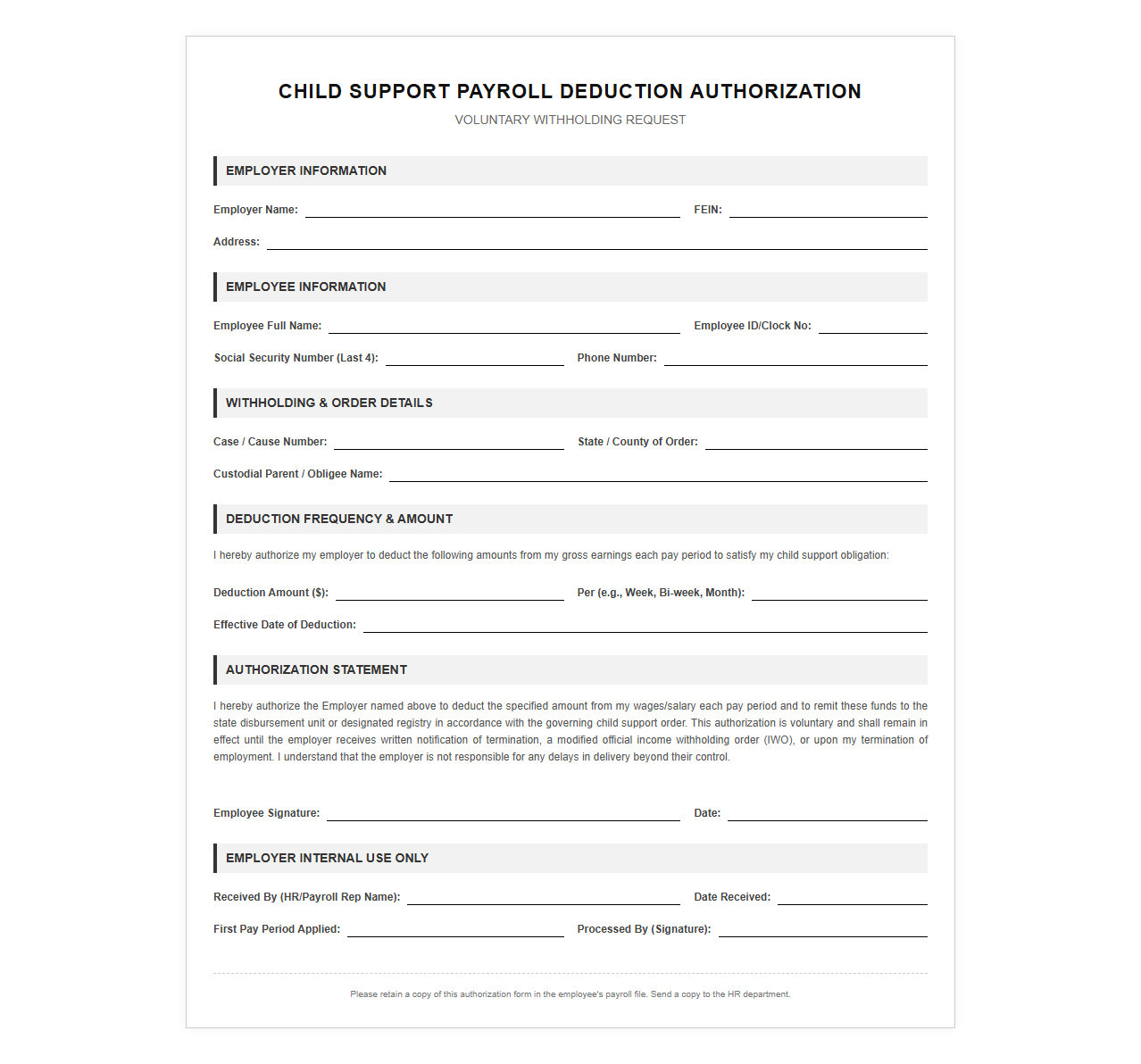 Child Support Payroll Deduction Authorization Form
