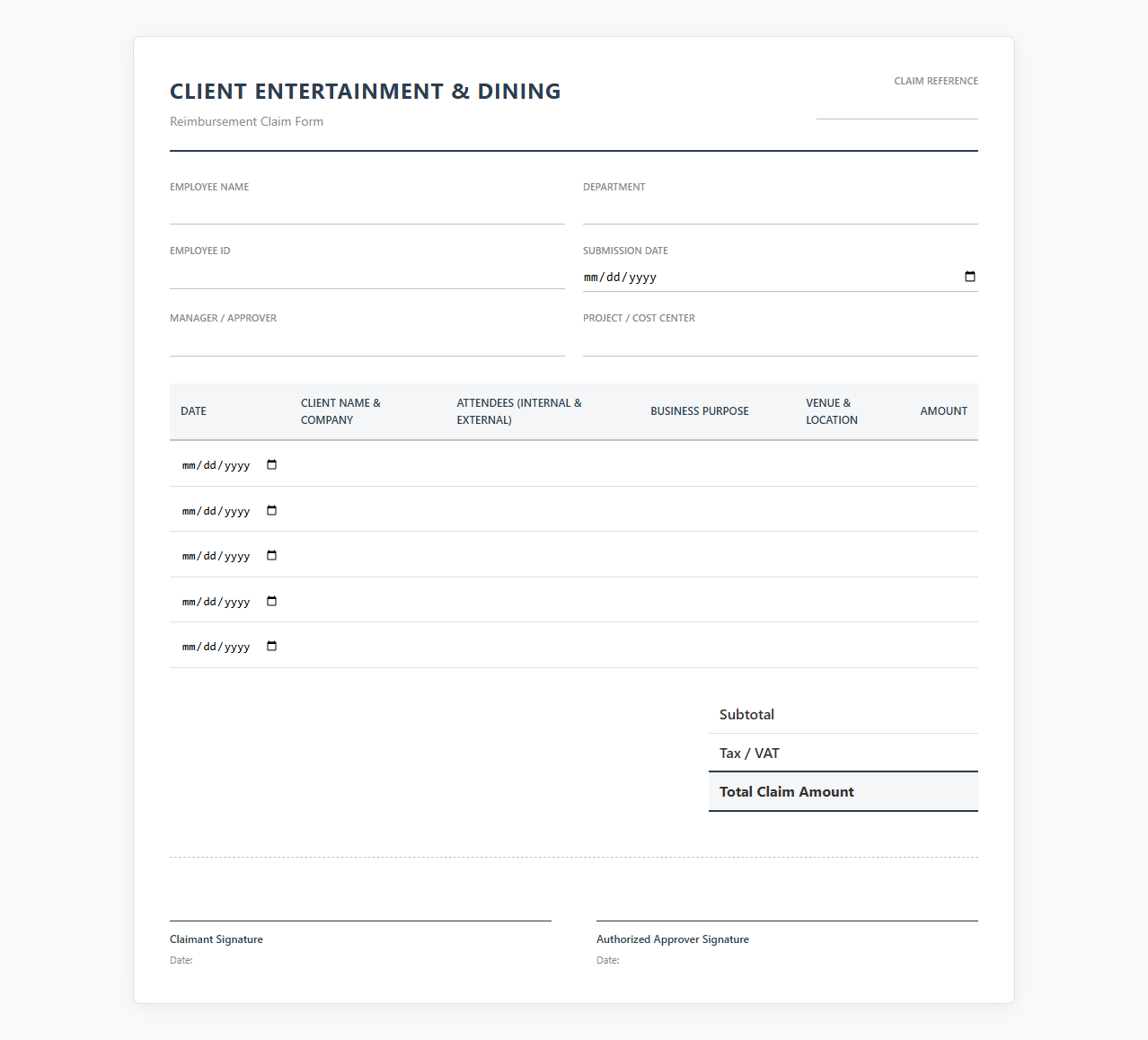 Client Entertainment and Dining Reimbursement Claim