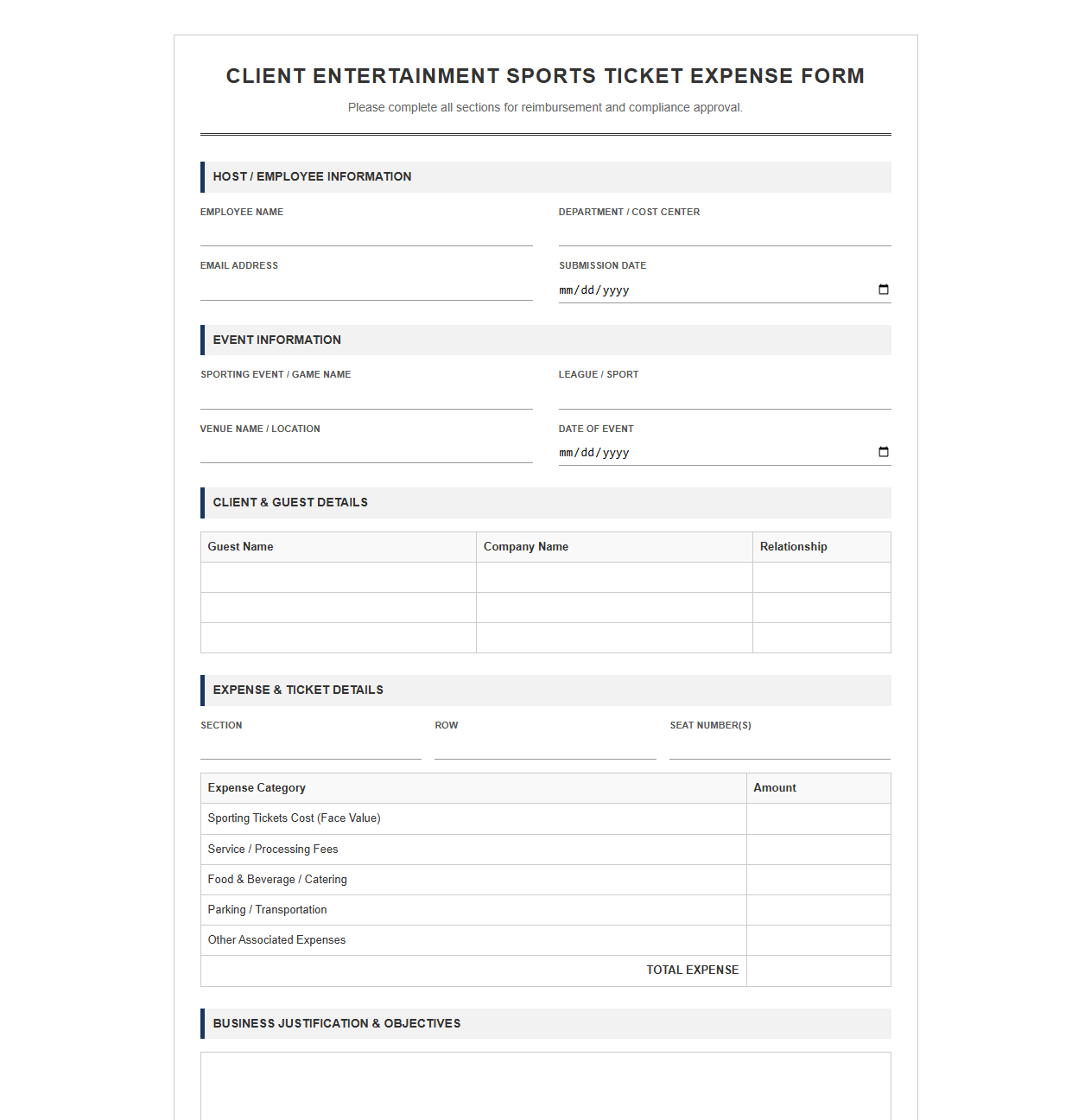 Client Entertainment Sports Ticket Expense Form