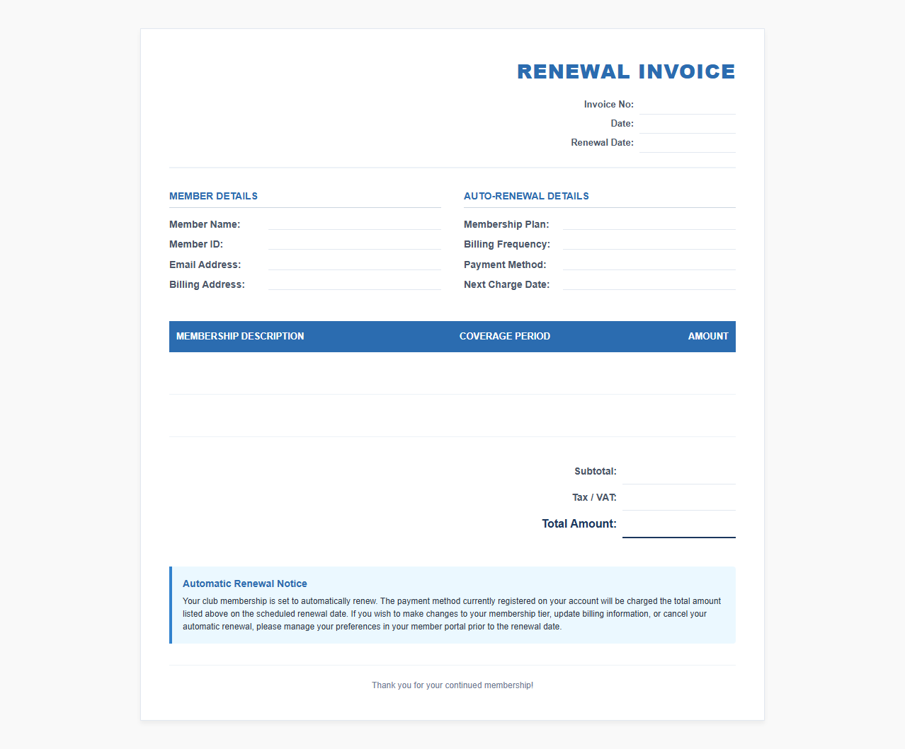 Club Membership Auto Renewal Invoice Form