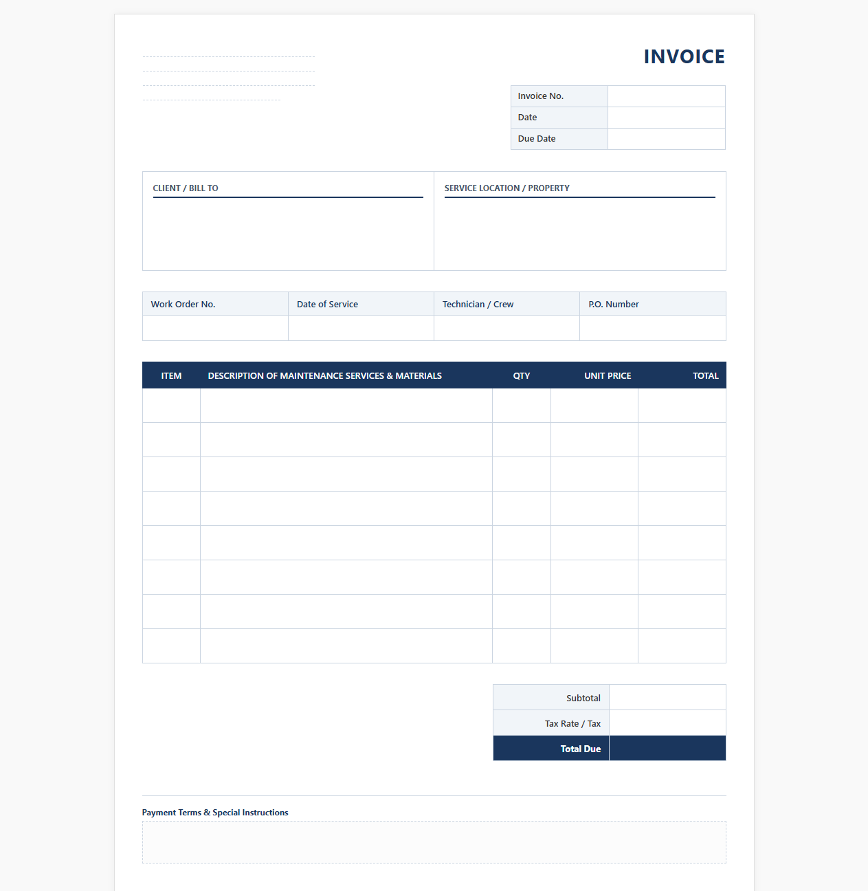 Commercial Building Maintenance Invoice Sheet
