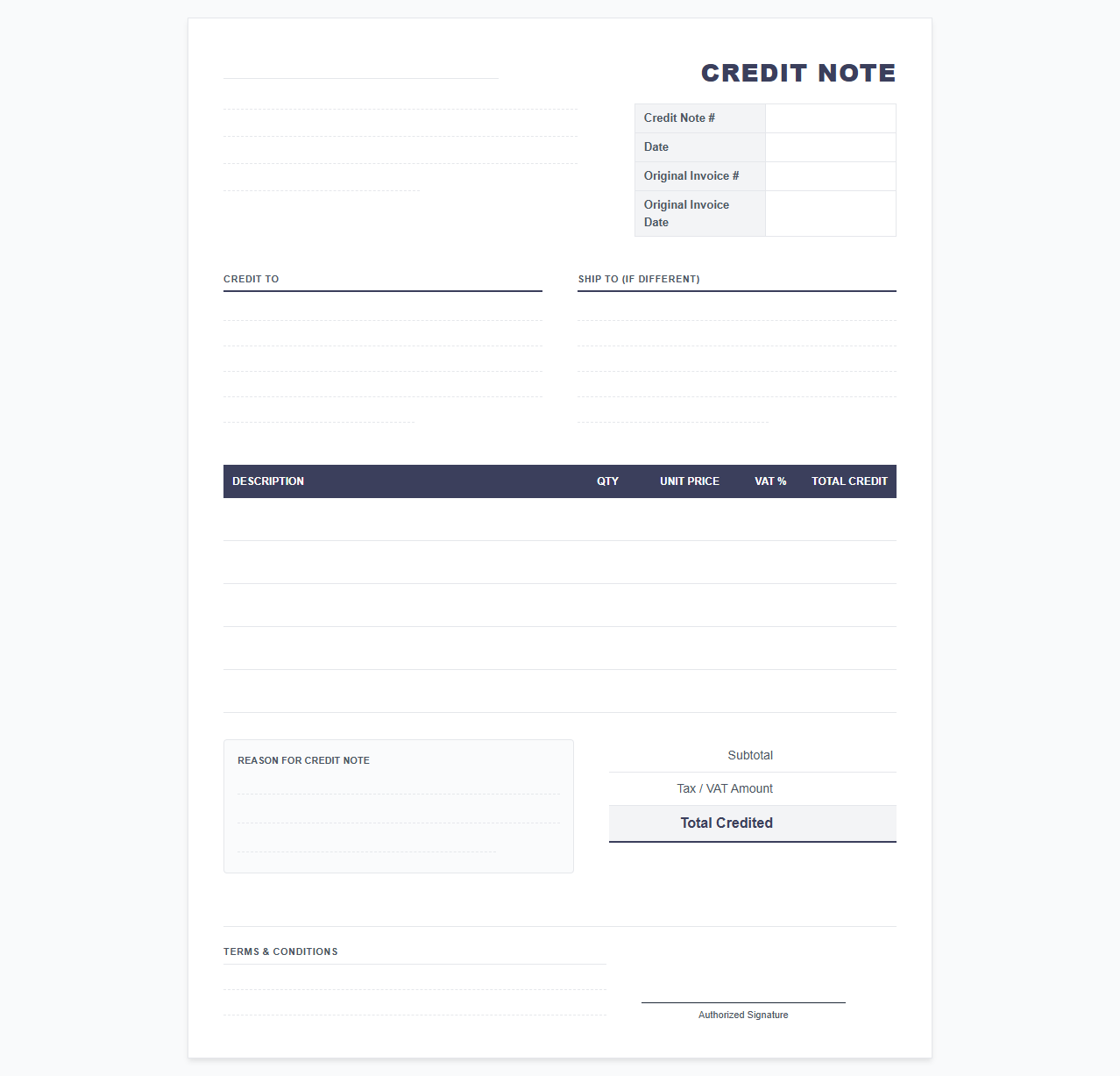 Commercial Credit Note Invoice Template