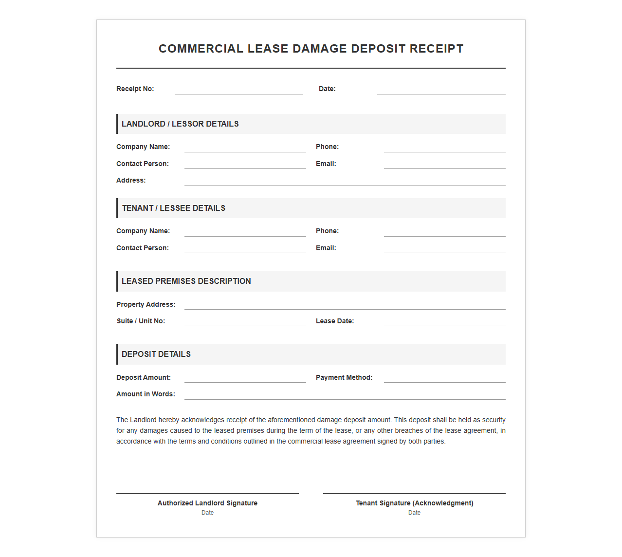 Commercial Lease Damage Deposit Receipt