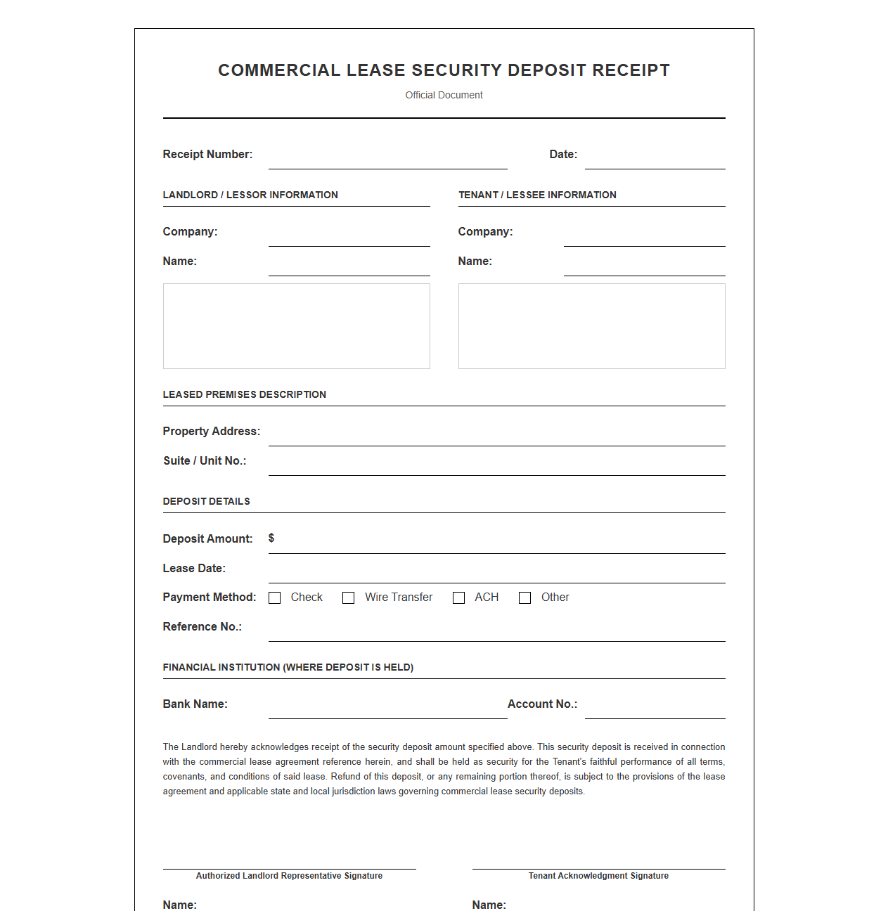 Commercial Lease Security Deposit Receipt
