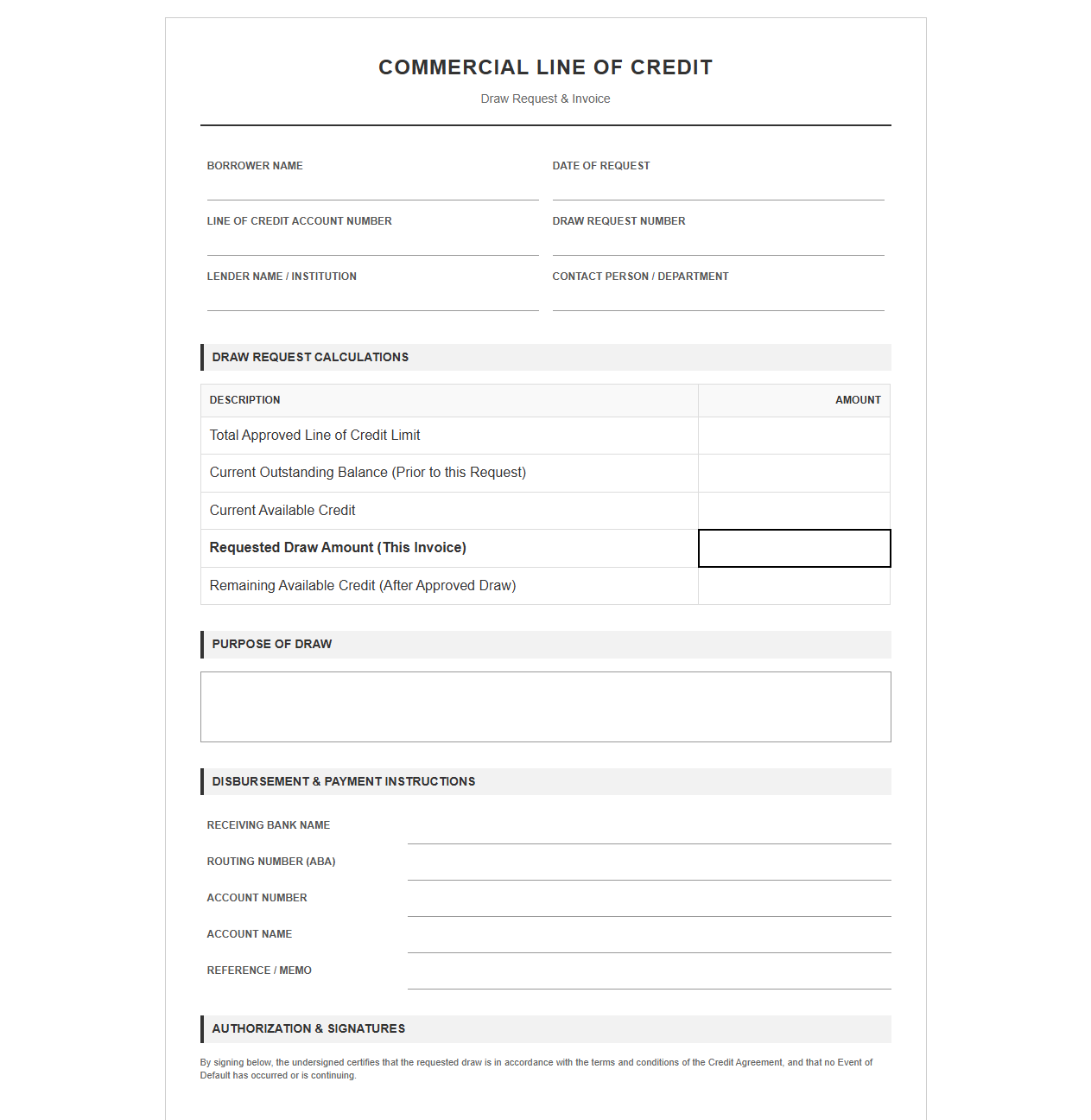 Commercial Line of Credit Draw Request