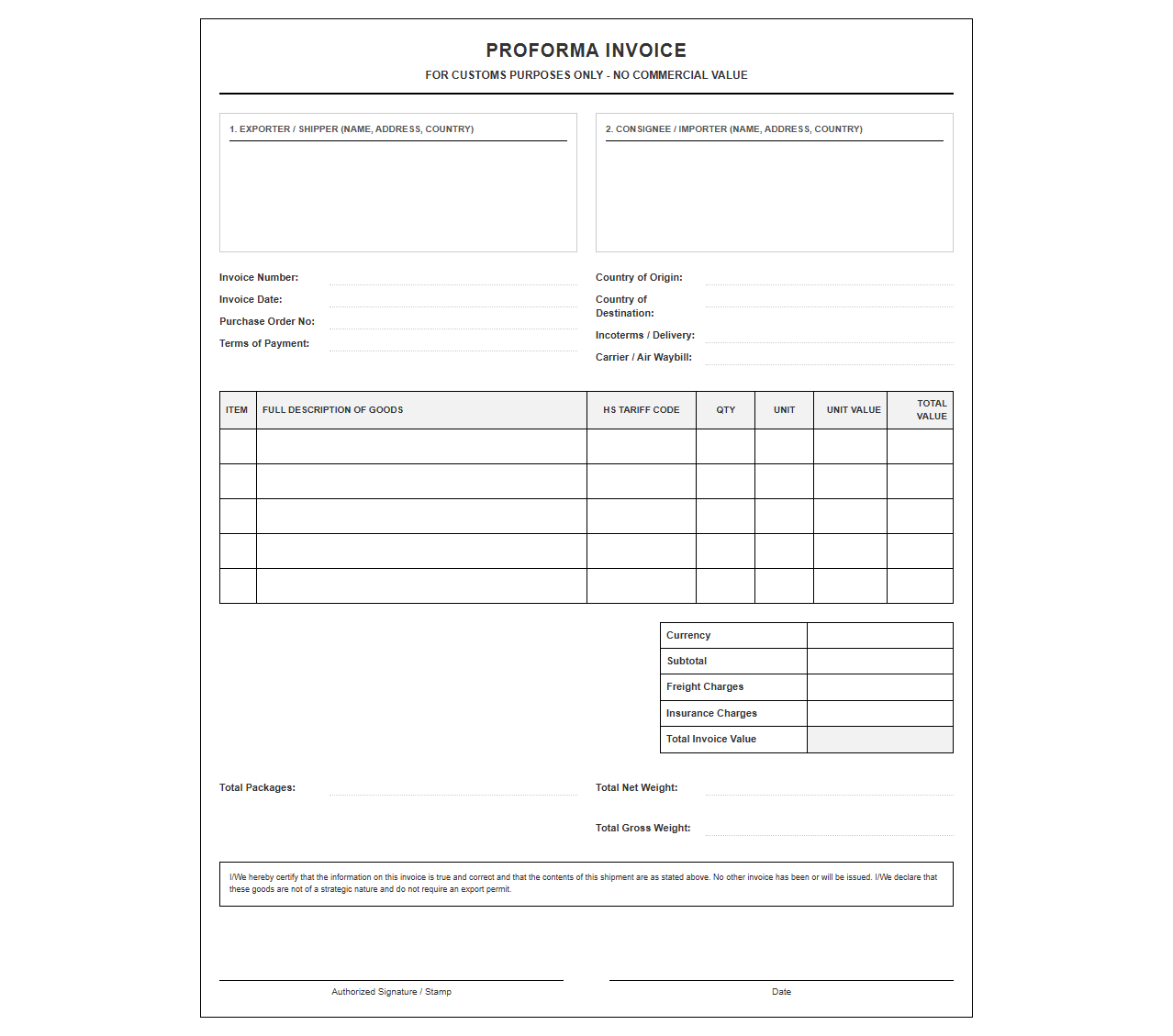 Commercial Proforma Invoice for Customs Declaration