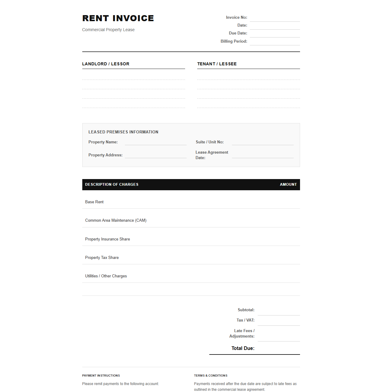 Commercial Property Rent Invoice Template