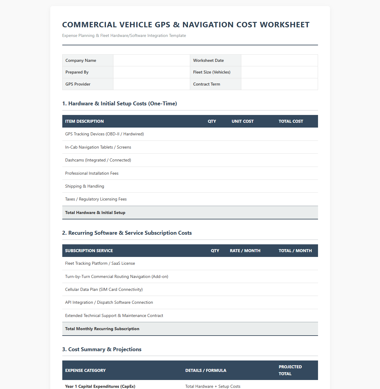 Commercial Vehicle GPS and Navigation Cost Worksheet