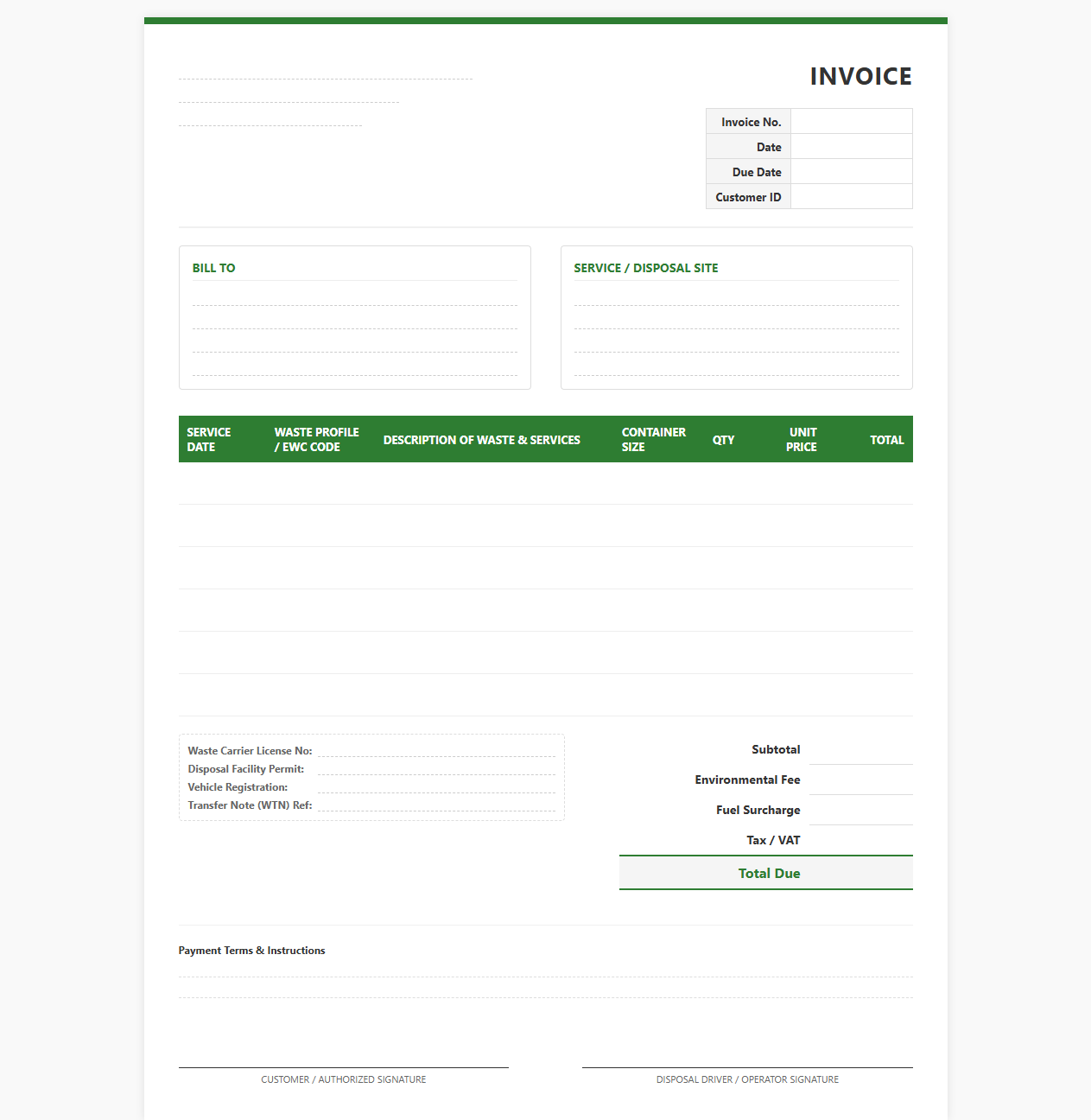Commercial Waste Disposal Invoice Template