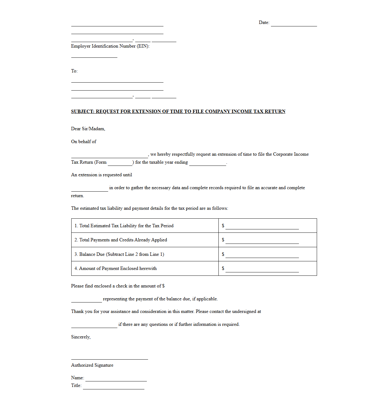 Company Income Tax Filing Extension Request Letter