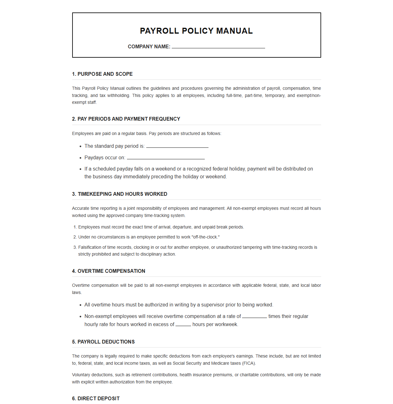 Company Payroll Policy Manual and Employee Acknowledgement Form