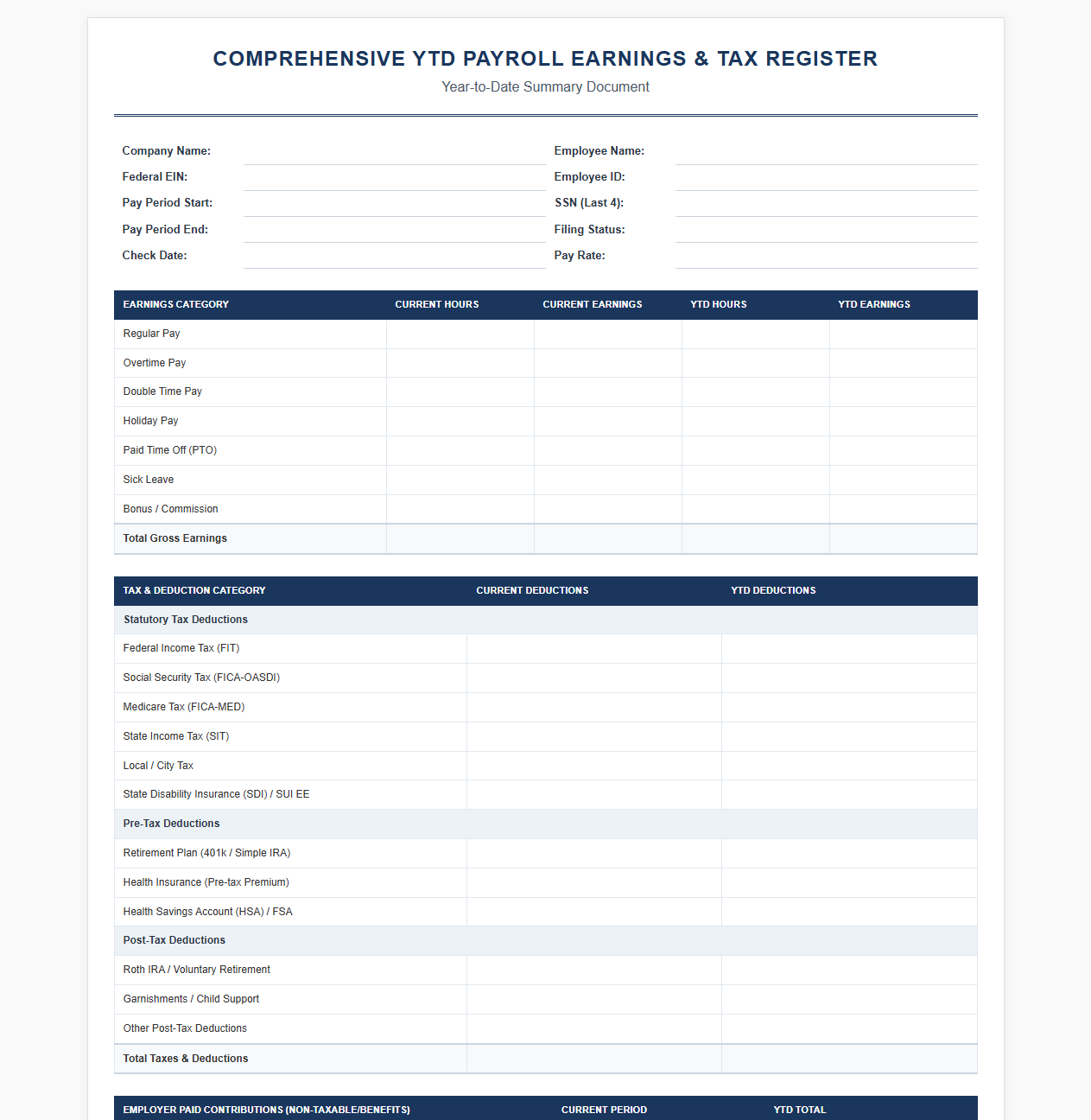 Comprehensive YTD Payroll Earnings and Tax Register