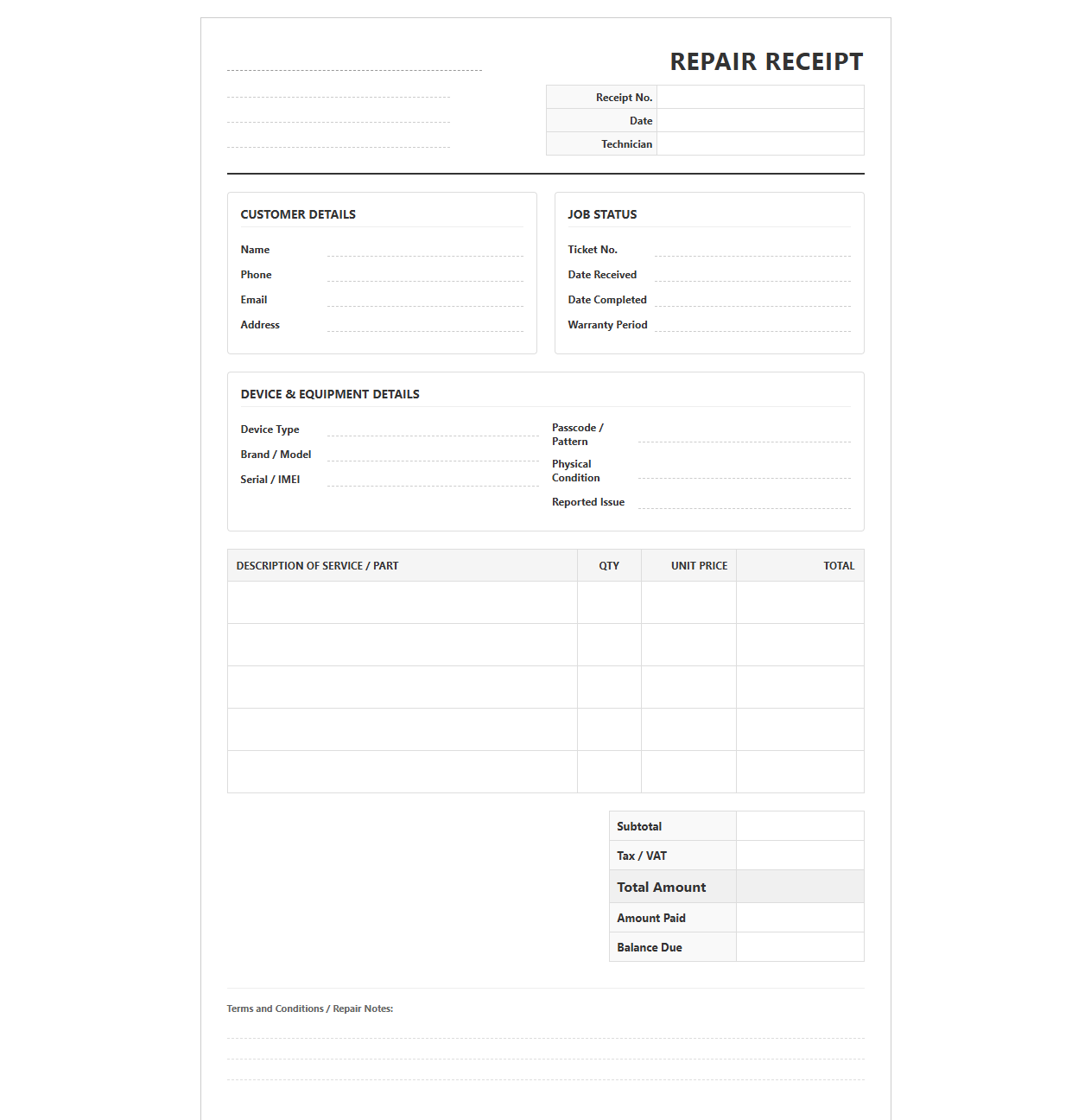 Computer and Electronics Repair Receipt Template
