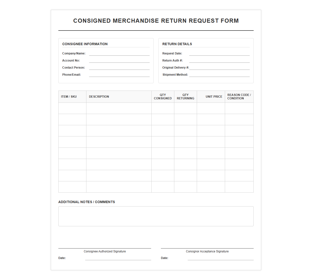 Consigned Merchandise Return Request Form