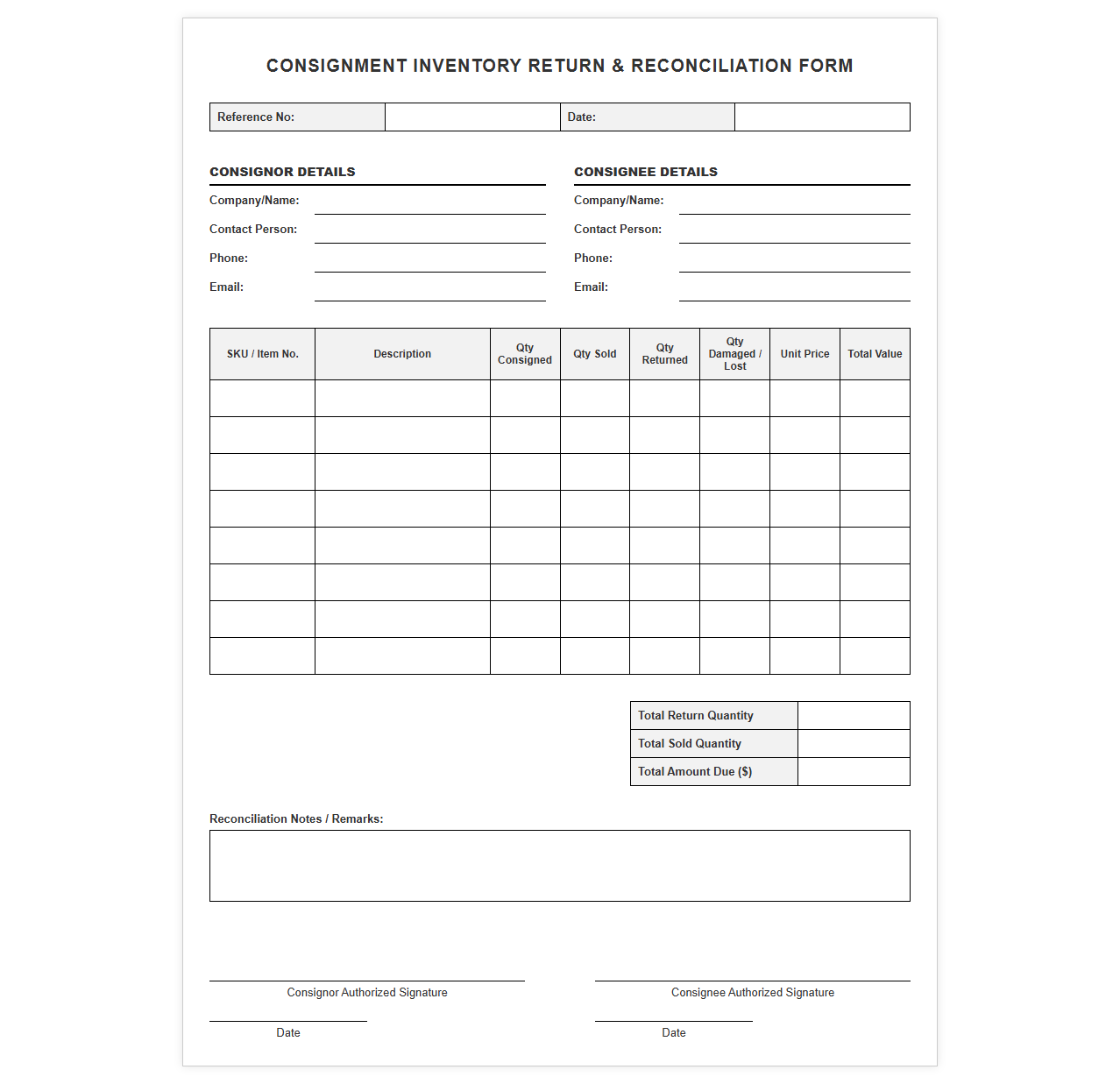 Consignment Inventory Return and Reconciliation Form