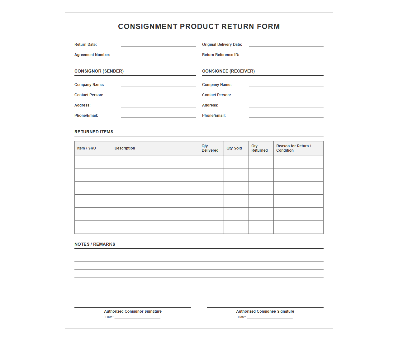 Consignment Product Return Form