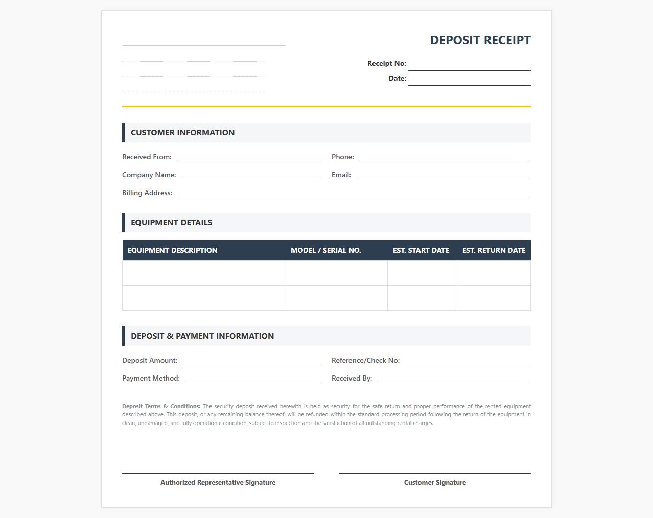 Construction Equipment Rental Deposit Receipt Template