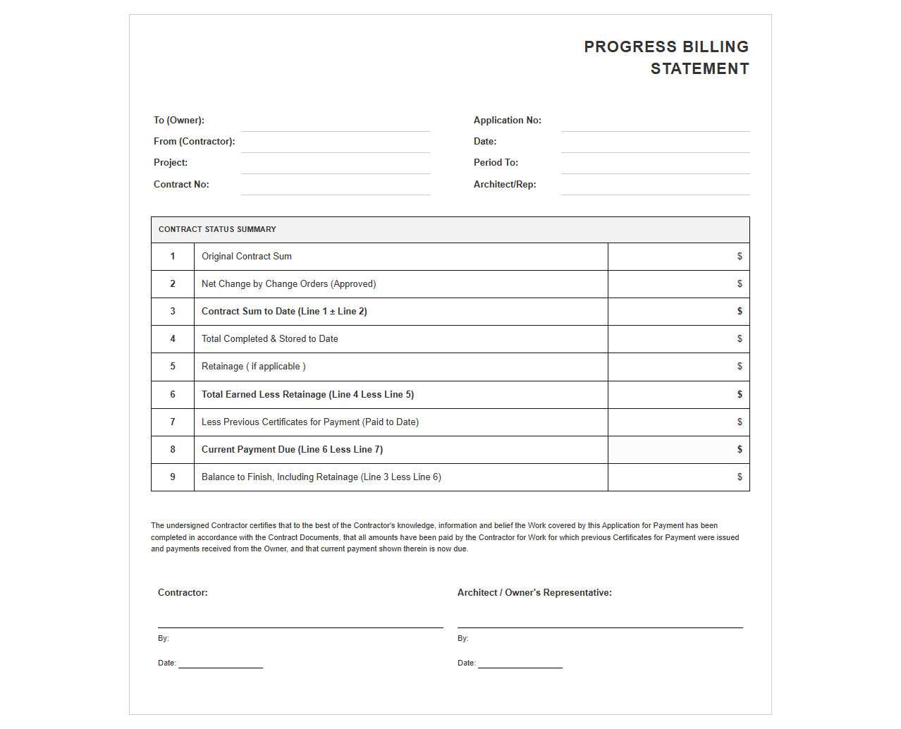 Construction Progress Invoice Statement