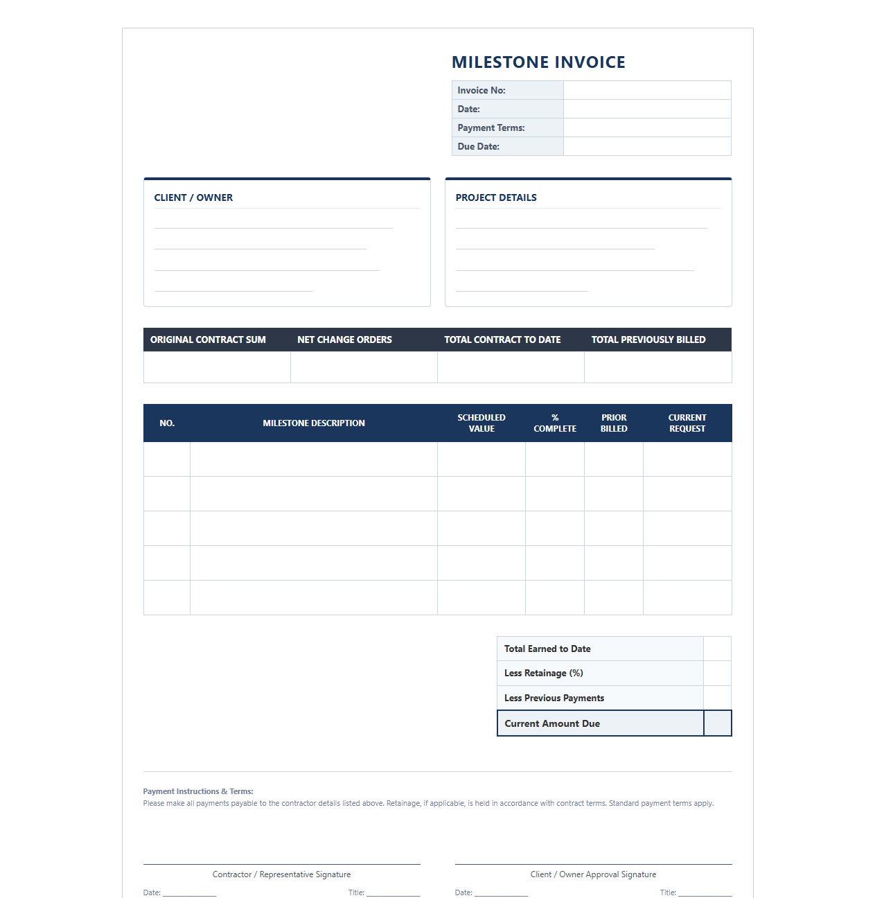 Construction Project Milestone Billing Template