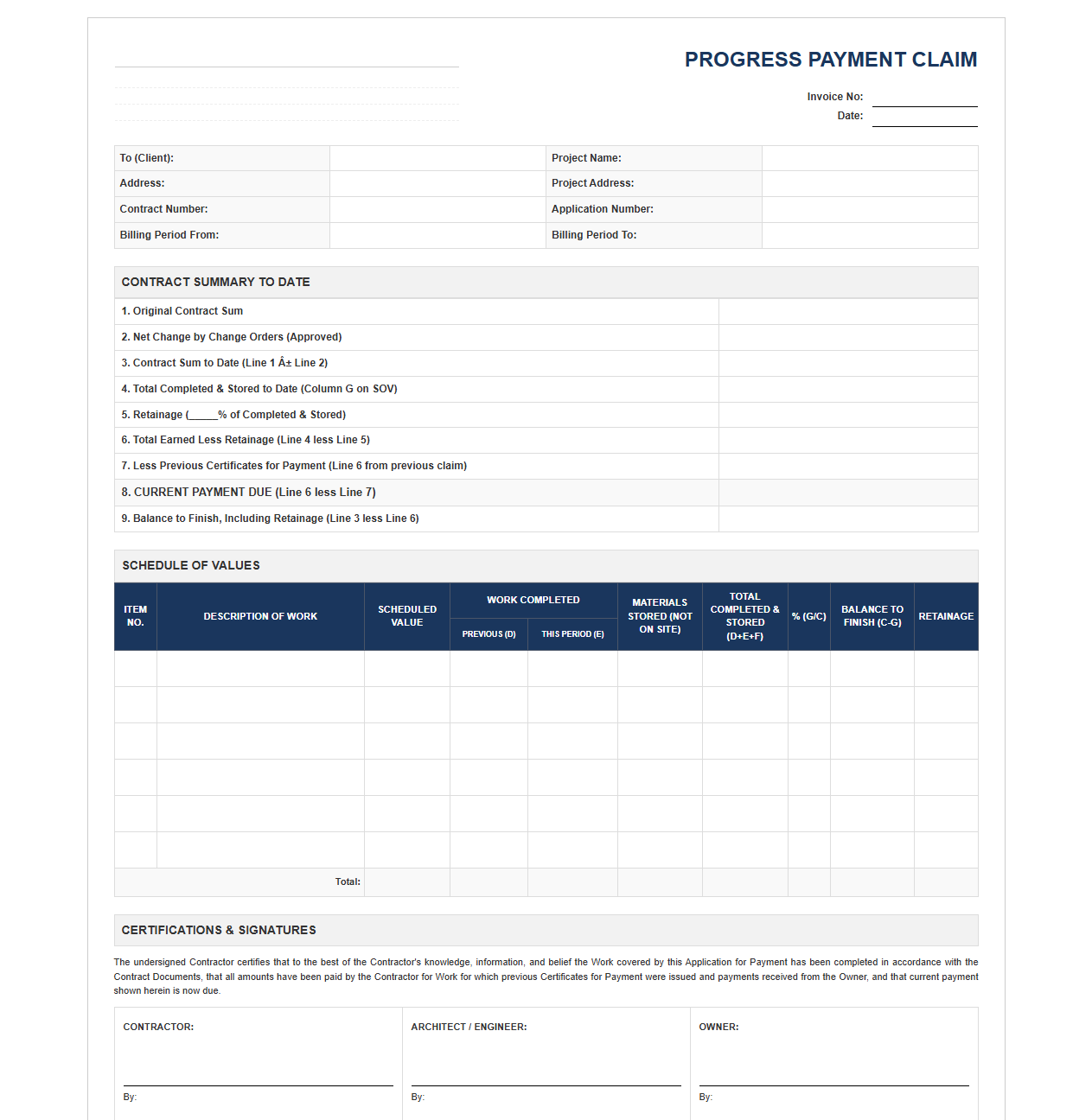 Construction Project Progress Billing Invoice Template