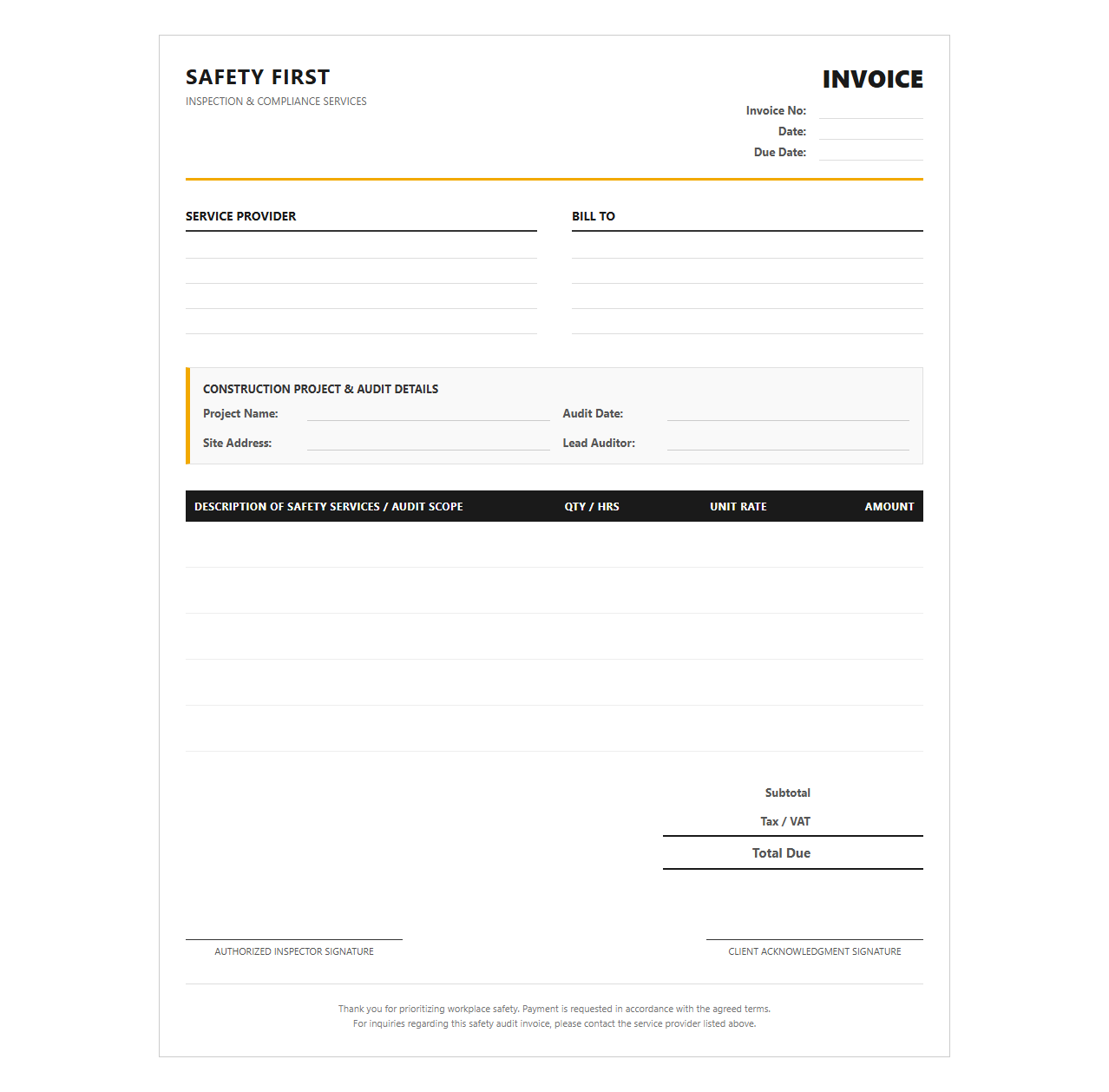 Construction Site Safety Audit Invoice