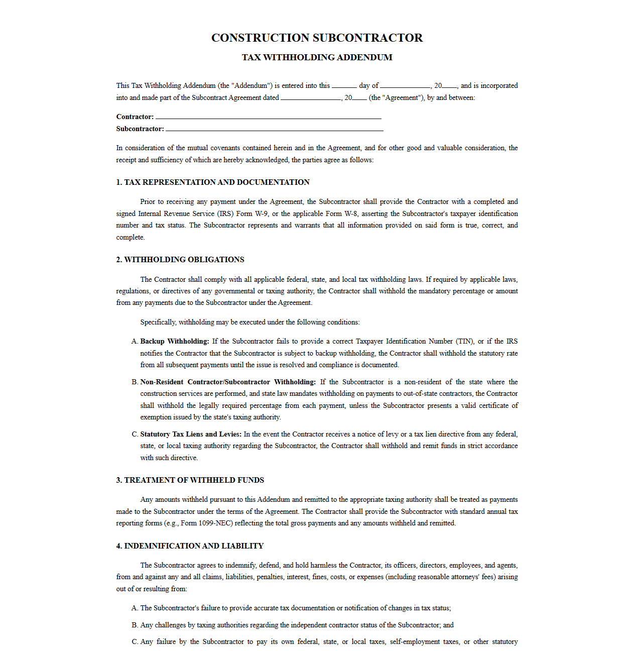 Construction Subcontractor Tax Withholding Addendum