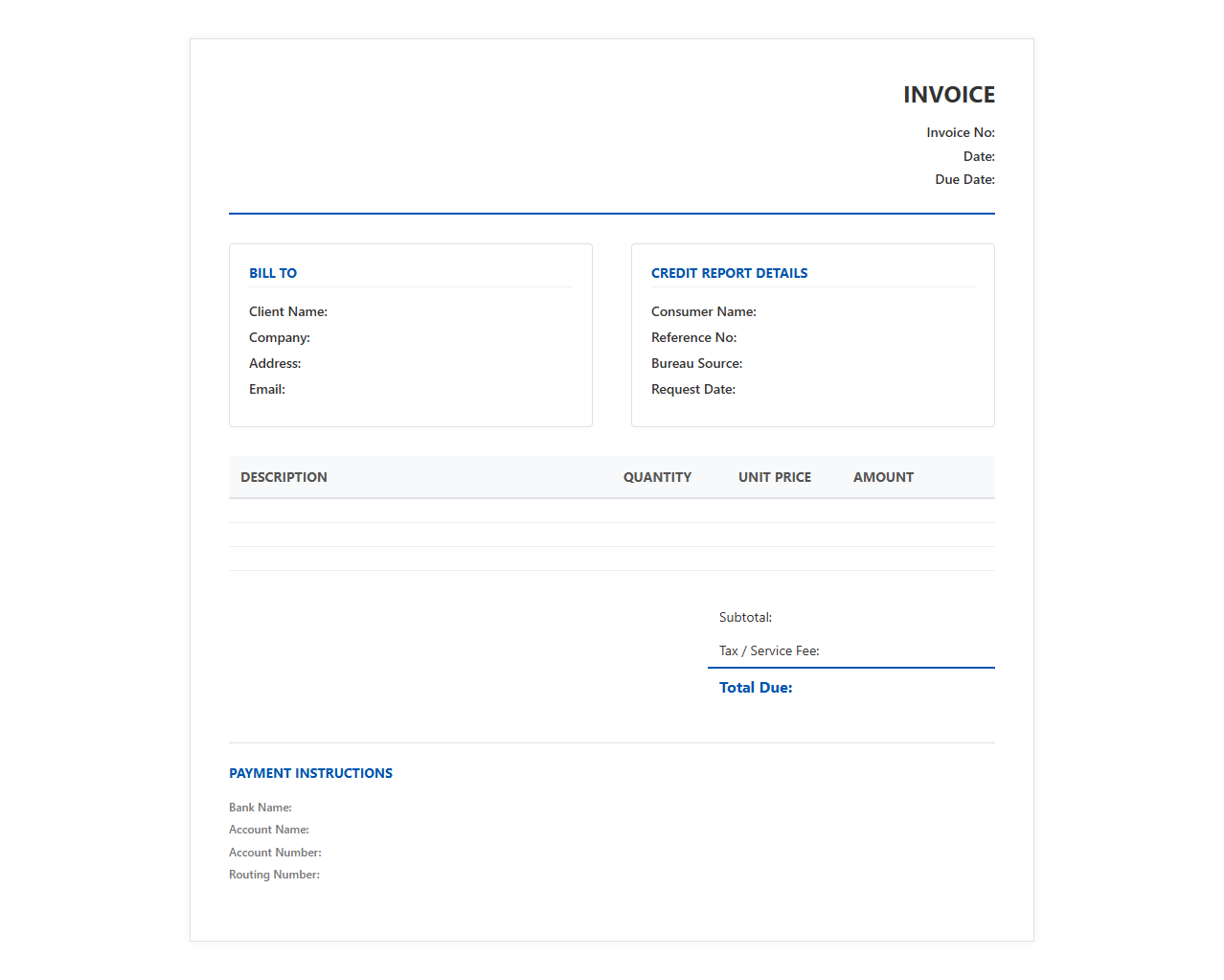 Consumer Credit Report Fee Invoice