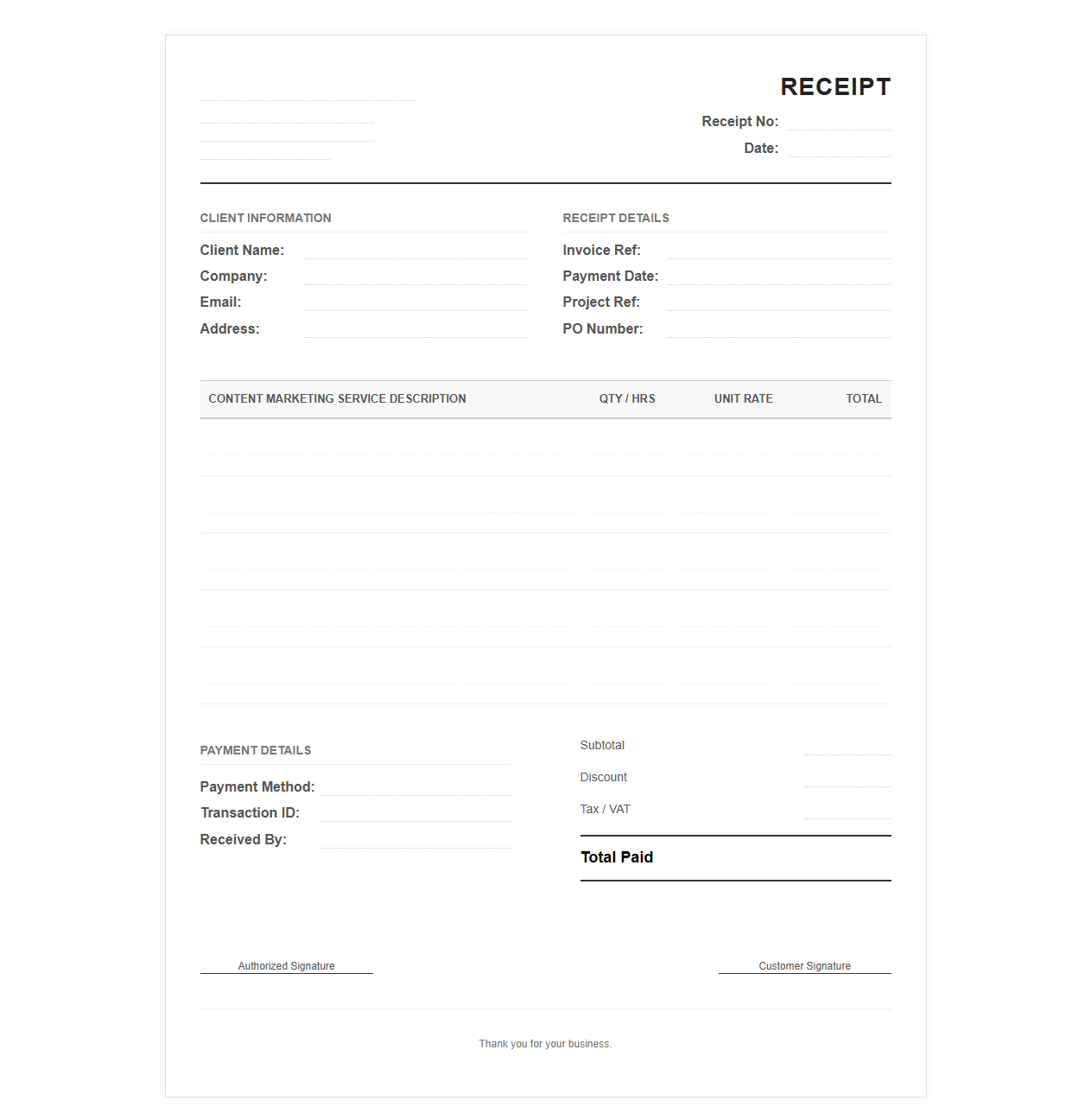 Content Marketing Services Receipt