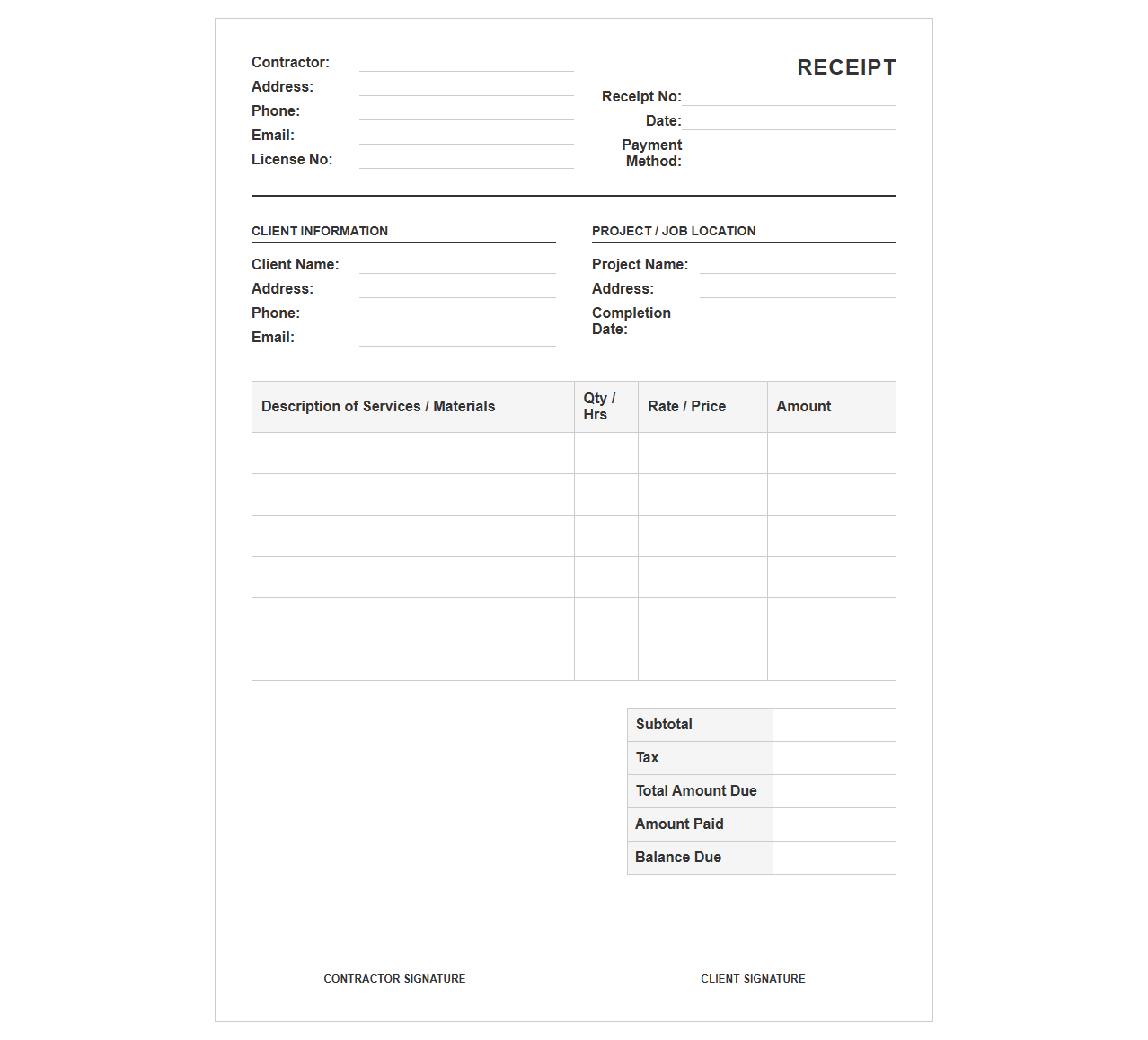 Contractor Services Rendered Receipt Template