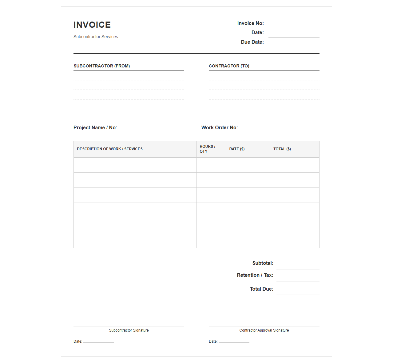 Contractor and Subcontractor Invoice Layout