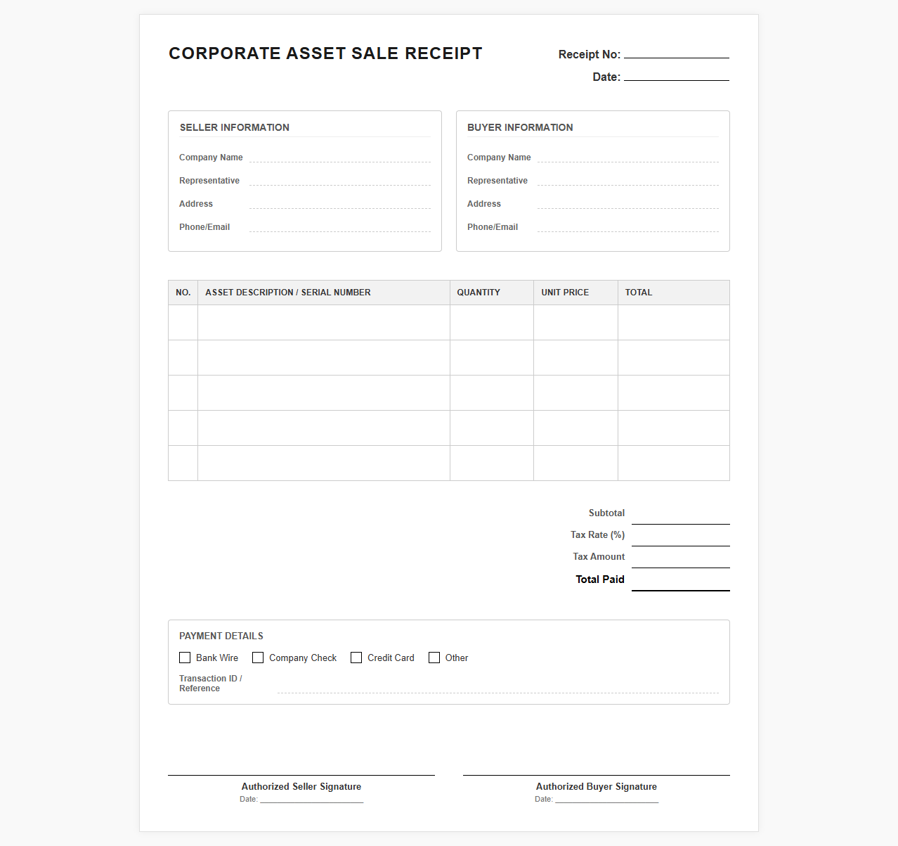 Corporate Asset Sale Receipt Form