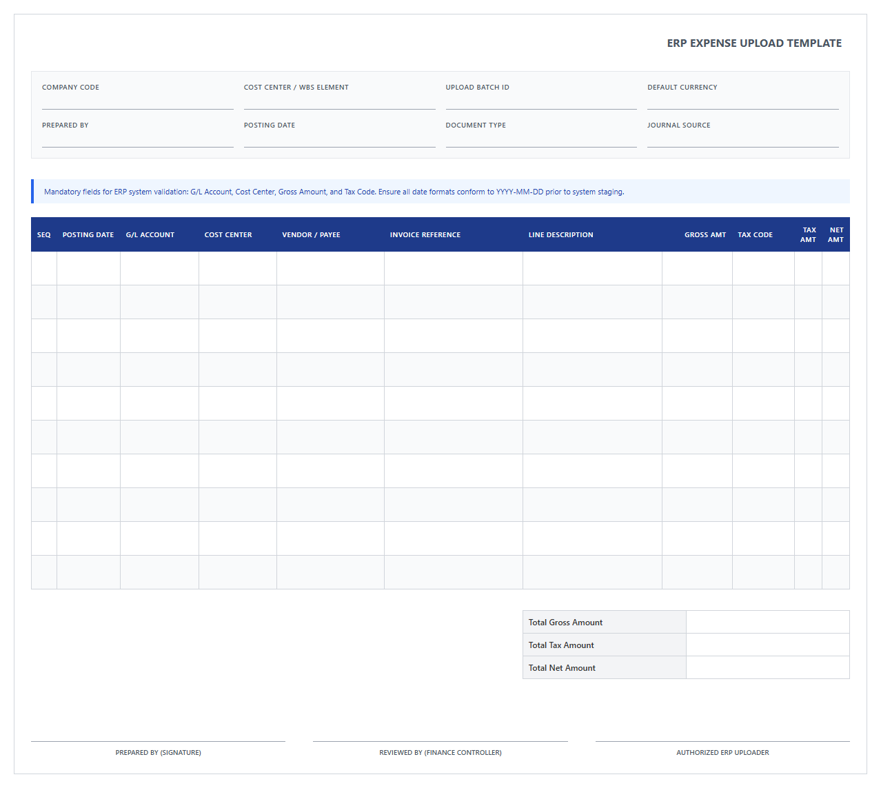 Corporate ERP System Expense Upload Template