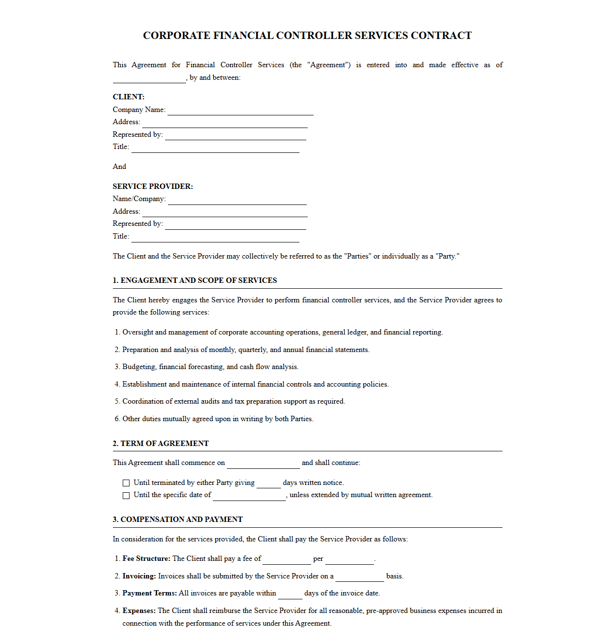 Corporate Financial Controller Services Contract