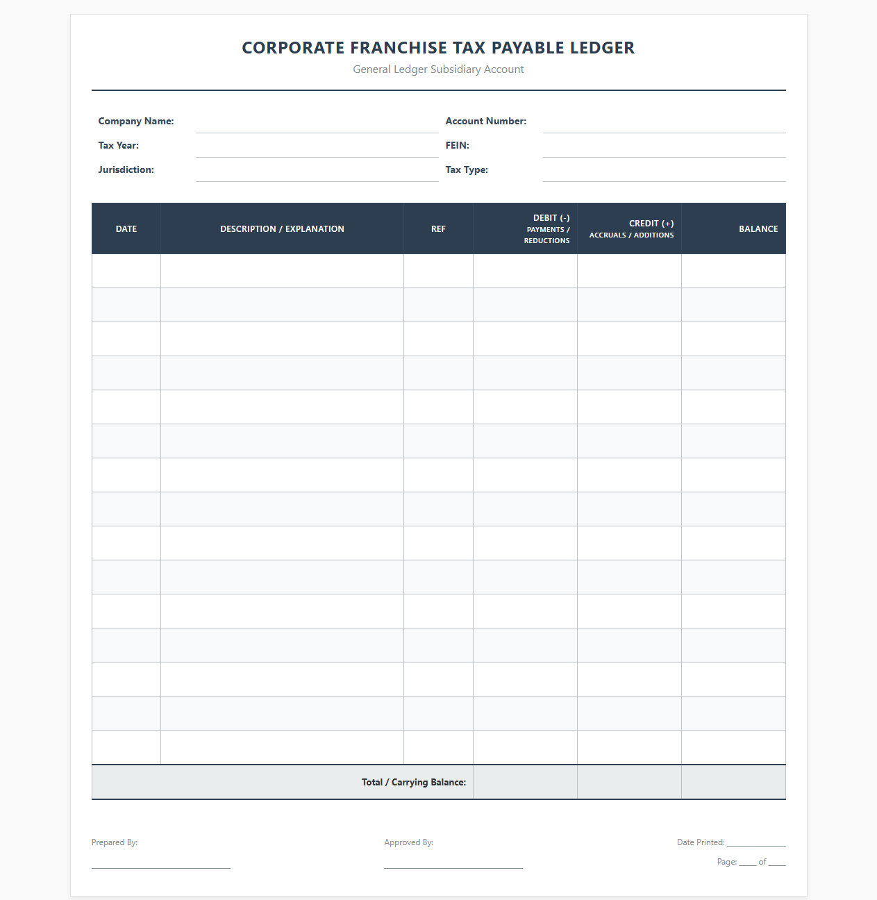 Corporate Franchise Tax Payable Ledger Sheet