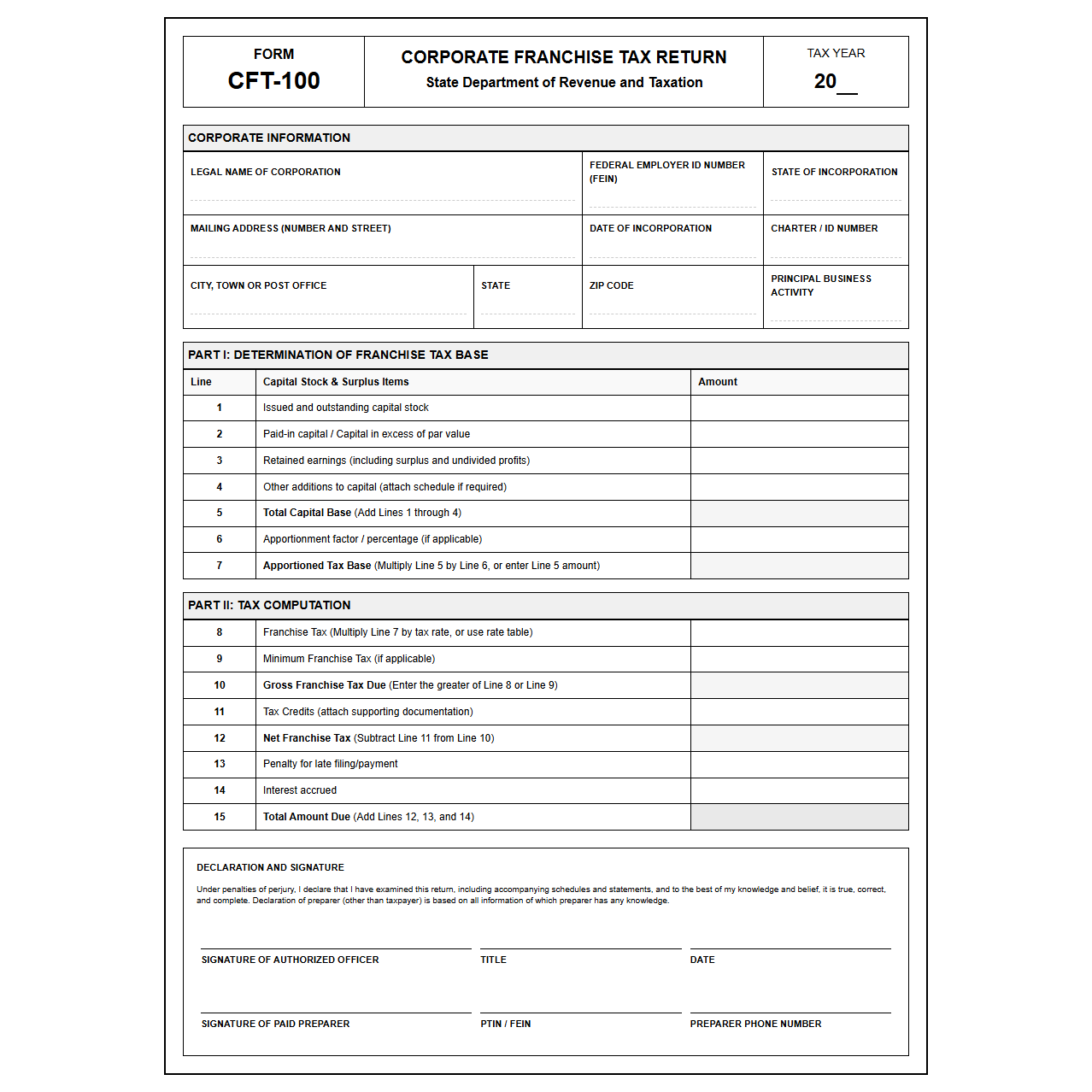 Corporate Franchise Tax Reporting Form Template