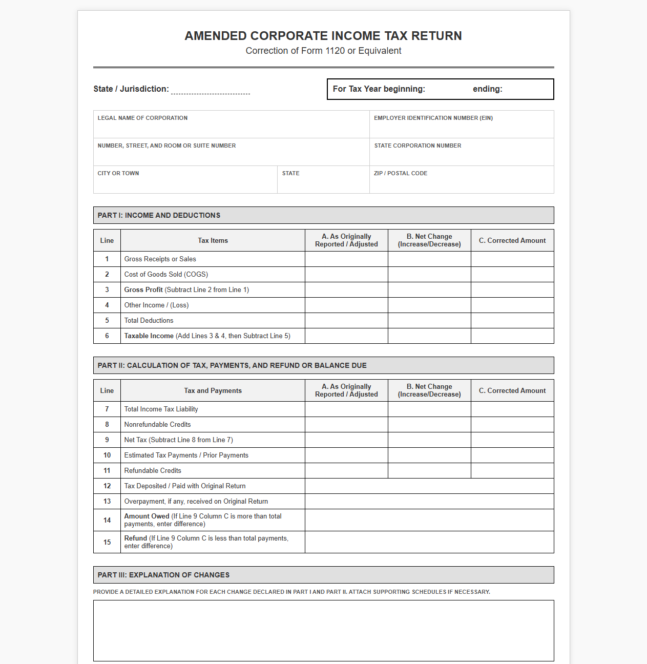 Corporate Income Tax Correction Return Template